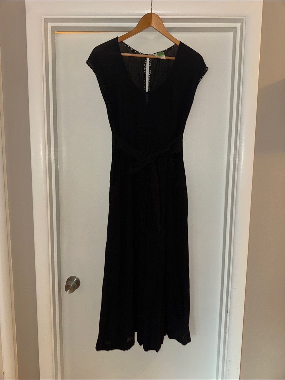 Anthropologie Black scoop neck Cap Sleeve romper with Waist Tie